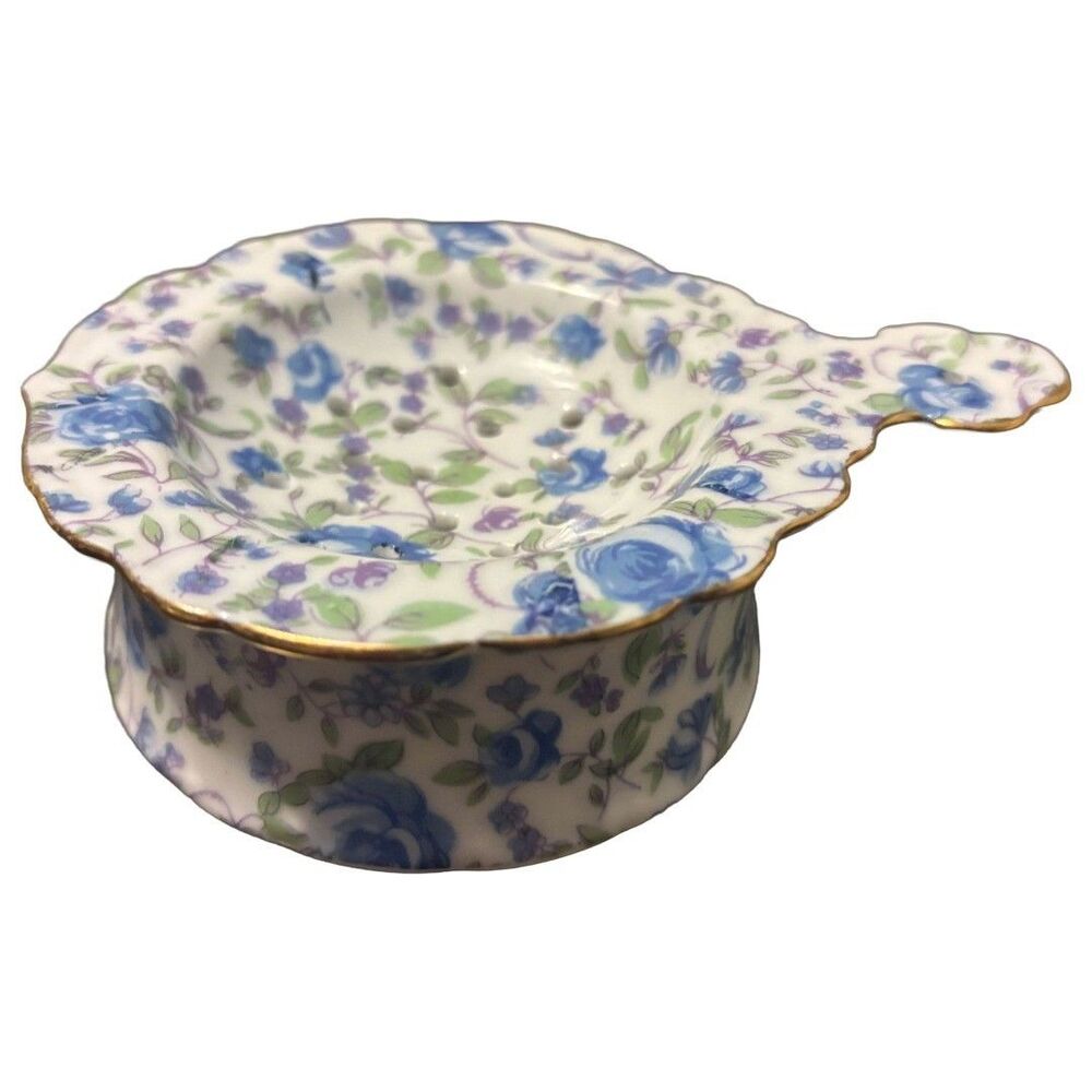 Vintage Porcelain Tea Strainer Rest Bowl Blue Purple Chintz Floral Gold Trim